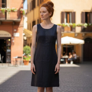 Lynn Cantin Sleeveless Black Midi Dress, 14, Minimal Tailored Pintucks